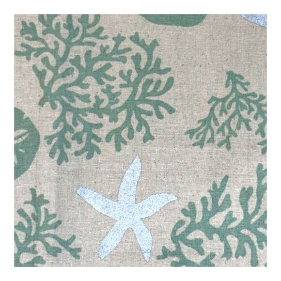 Nautical Sea Life Starfish Sand Dollar Coral Table Runner 14” X 72” Green Beige - Picture 2 of 6